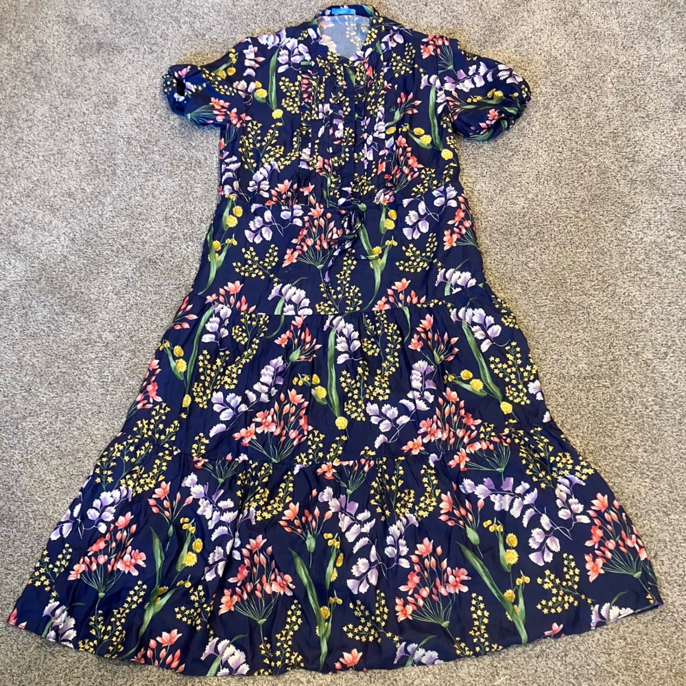 J.McLaughlin Silk Blend Floral Tiered Midi Dress Navy Blue Short Sleeve Small